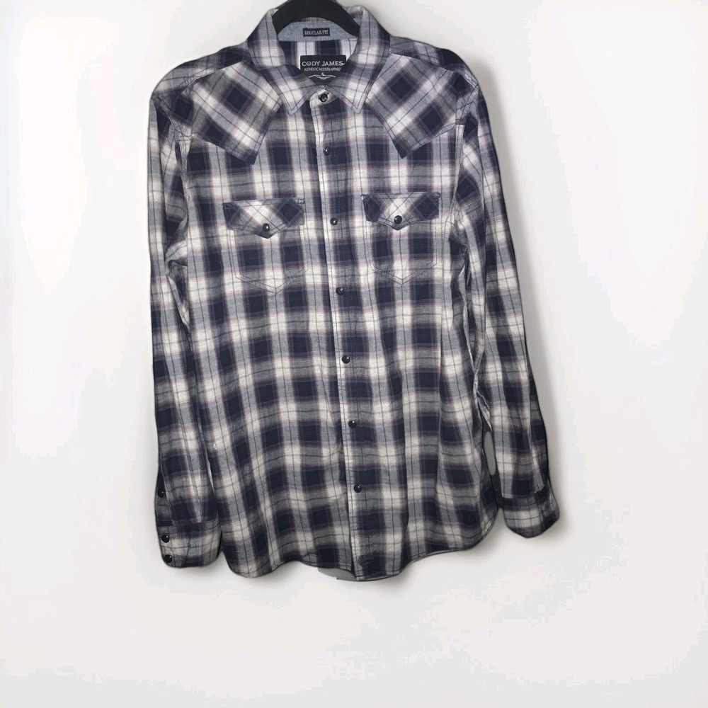 Cody James Mens Shirt Large Pearl Snap Flannel Grey Plaid Long Sleeve Western *